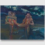 A painting of two nude Black men carrying a third one between them. They stand before a blue sea and a blue sky.