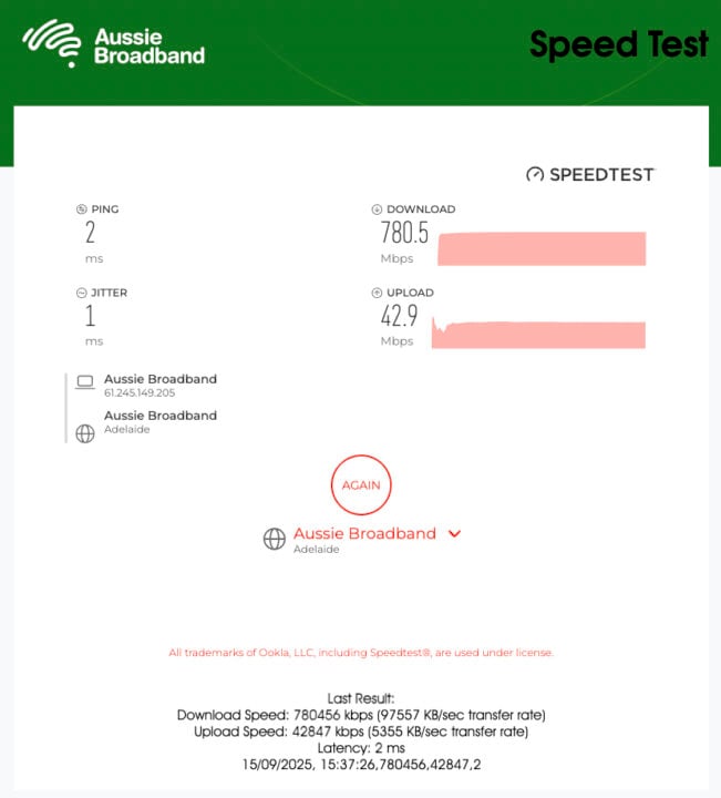 Aussie Broadband internet speed test 780Mbps