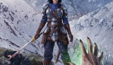 The album cover for Retribution by Burning Sun, out August 22nd on Metalizer Records. The artwork depicts a female warrior in steel armor standing in snowy mountains, holding a bloodied sword. A slain figure lies at her feet, while in the foreground, a hand crackling with green magical energy reaches toward her, emphasizing a scene of battle and vengeance.