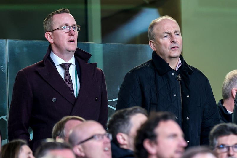 FAI chief executive David Courell with Taoiseach Micheál Martin during Ireland's Nations League match against Bulgaria at the Aviva Stadium in March. Photograph: Ryan Byrne/Inpho