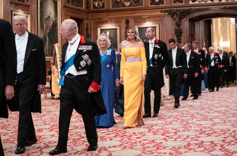 From left: US president Donald Trump and King Charles, Queen Camilla and US first lady Melania Trump arrive for the banquet. Photograph: Doug Mills/The New York Times
                      