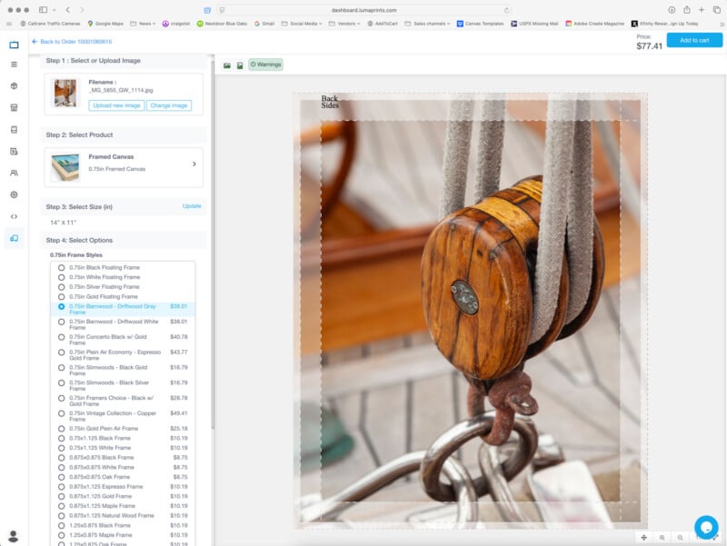 A website interface shows a photo of a wooden pulley with ropes selected for customization as a framed canvas print. Various frame style options and prices are listed on the left side of the screen.