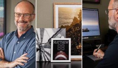 A man with glasses and a beard smiles with arms crossed, art and a photo of a football player named Matthew are displayed, and the man works at a computer using a digital pen.