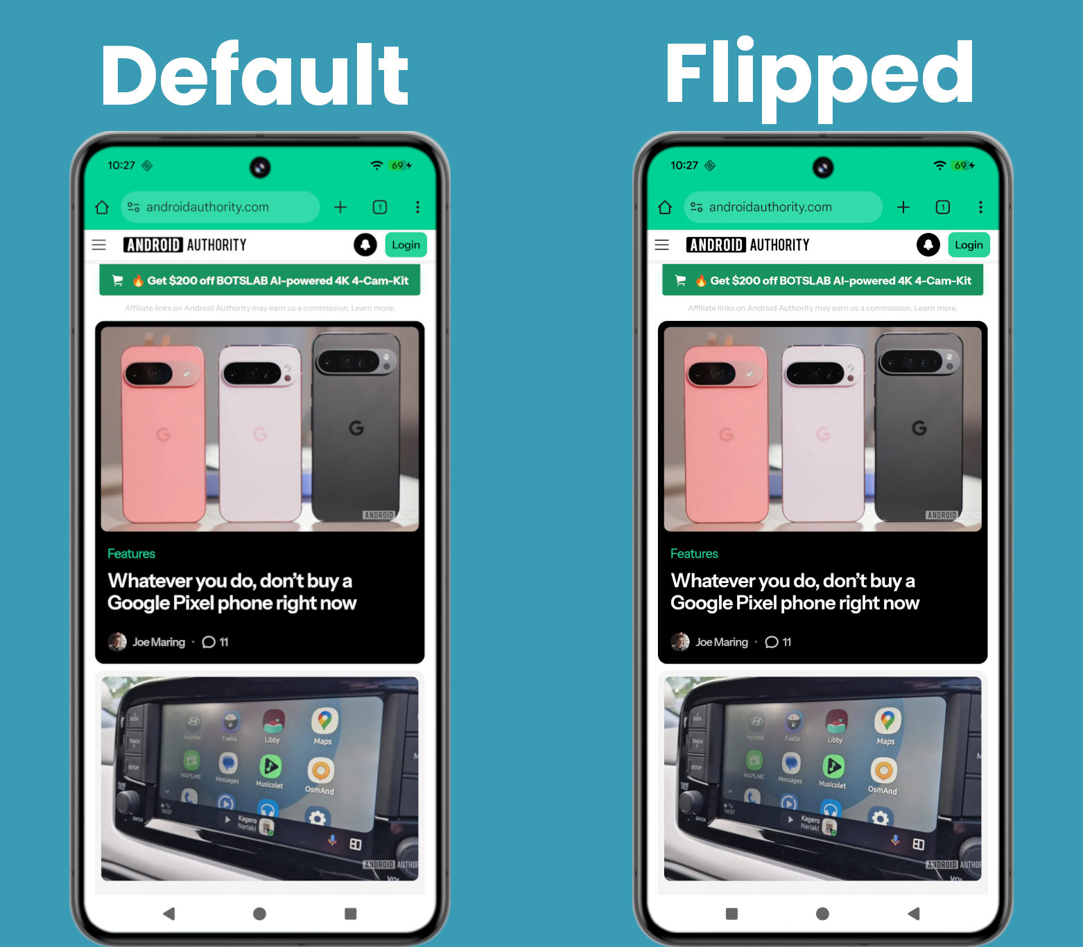 Default vs flipped three button navigation bar in Android