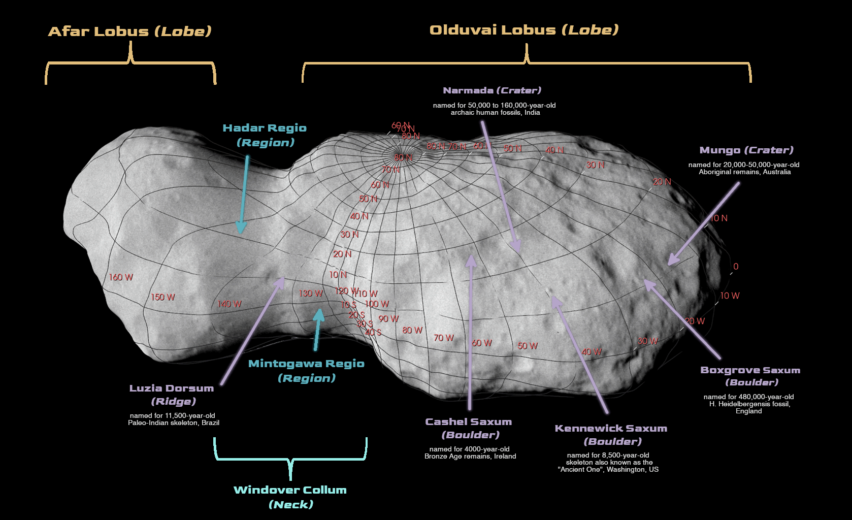 The asteroid Donaldjohanson with latitude and longitude lines and arrows indicating the names of various features on the surface.