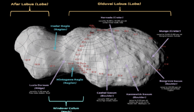 The asteroid Donaldjohanson with latitude and longitude lines and arrows indicating the names of various features on the surface.