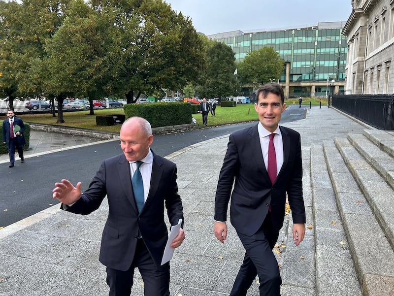 Fianna Fail presidential candidate Jim Gavin (left) and the deputy leader of the party Jack Chambers on the steps outside the Customs House, Dublin, as Mr Gavin submits his nomination papers for the presidential race. Photograph: Cillian Sherlock/PA