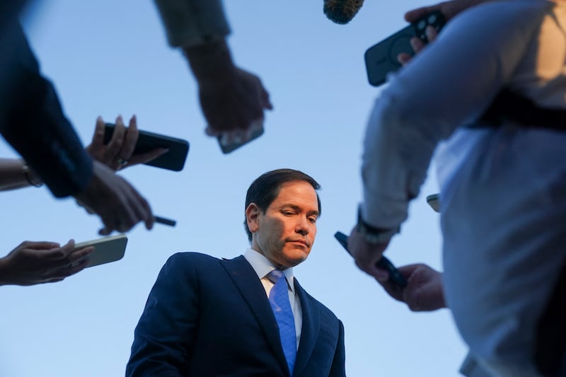 Marco Rubio speaks to the press as he departs Tel Aviv for Qatar. Photograph: NATHAN HOWARD/POOL/AFP via Getty Images          