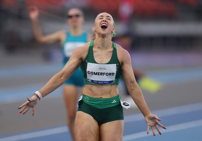 Orla Comerford celebrates winning the gold medal in the T13 200m final. Photograph: Dean Mouhtaropoulos/Getty Images