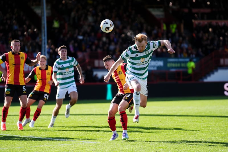 Celtic's Liam Scales scores with a header. Photograph: Andrew Milligan/PA