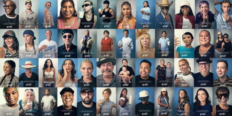 A collage of diverse people smiling and holding glasses of milk against a blue background, each featured in individual portrait squares as part of the "got milk?" campaign.