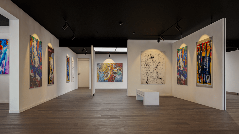 An interior view of Adegbola Gallery shows a temporary exhibition with brightly colored contemporary paintings displayed on white walls under track lighting, with a white bench placed in the center.