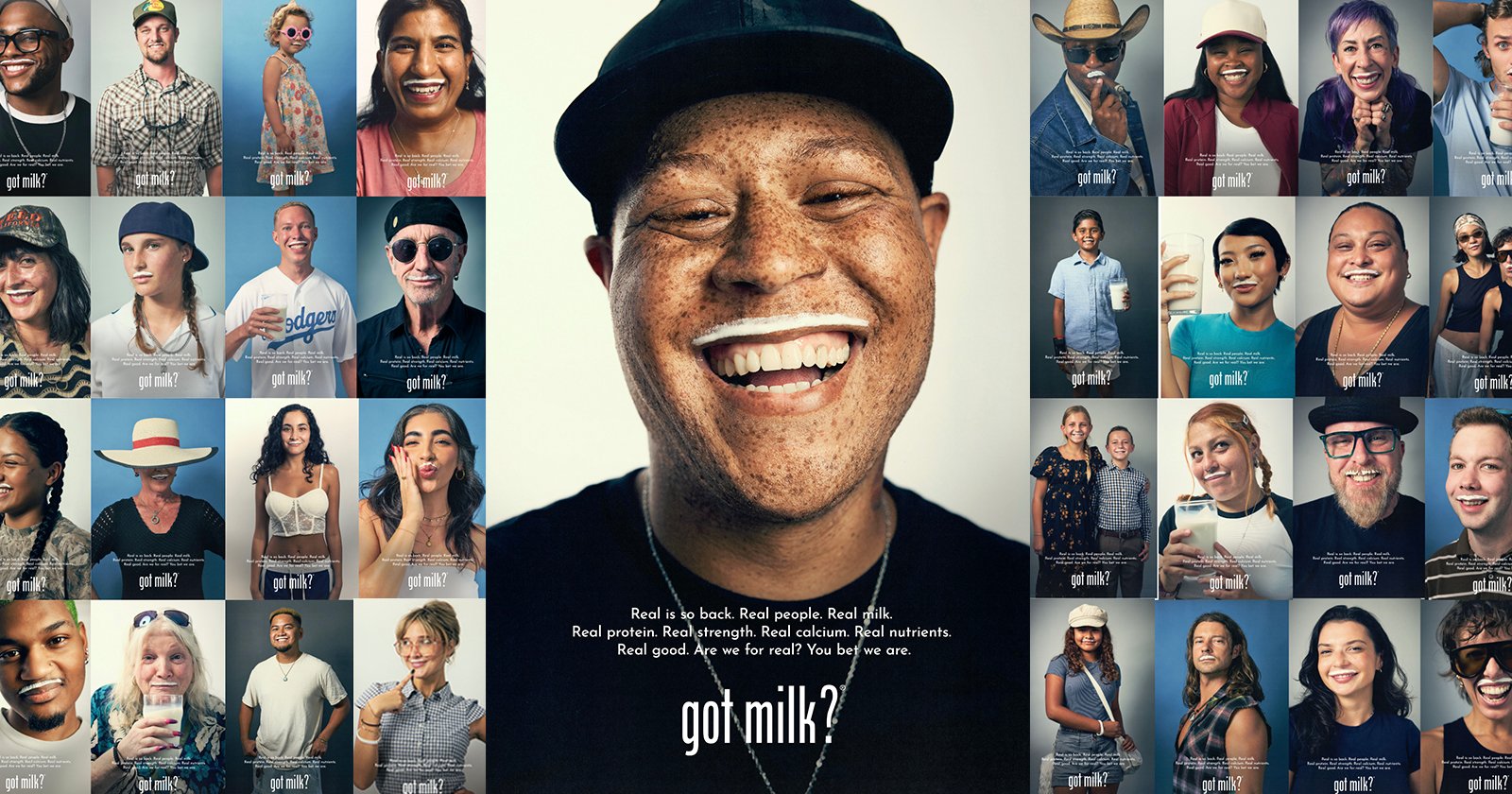 A collage of diverse people smiling with milk mustaches. The central figure wears a cap and black shirt, also with a milk mustache. Text at the bottom reads, "got milk?" and highlights the benefits of milk.
