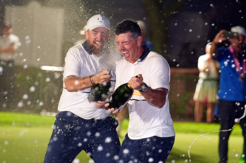 Rory McIlroy and Shane Lowry celebrate after Europe's Ryder Cup win. Photograph: Mike Egerton/PA