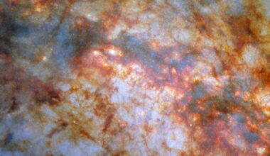A close-in view of the center of galaxy M82. Bright, bluish light radiating from the center is due to stars actively forming there. A thick lane of gas, black in the center and red around the edges, crosses the center and blocks much of the light. Thinner strands and clumps of reddish dust cover much of the rest of the view.