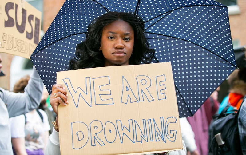Student Ashley Igwe from Laytown, Co Meath, during a student protest march at Merrion Square, Dublin, over the student accommodation crisis. Photograph: Gareth Chaney/Collins Photos