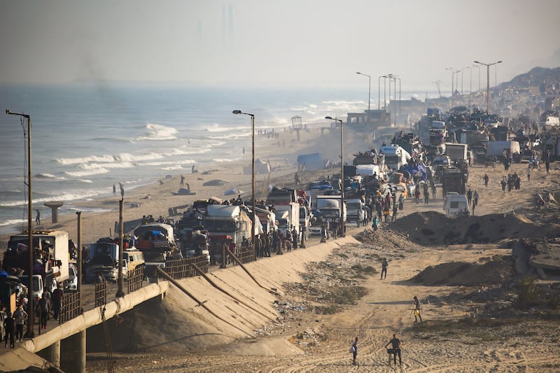 Displaced Palestinians move southwards on a road in the Nuseirat refugee camp area in the central Gaza Strip following renewed Israeli evacuation orders for Gaza City on September 18th. Photograph: Eyad Baba/AFP via Getty Images