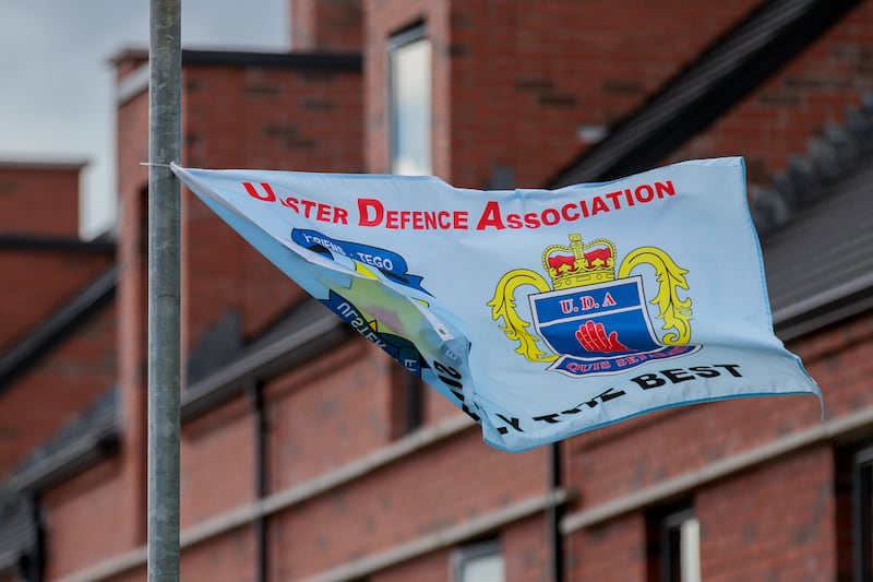 A UDA loyalist paramilitary flag on a lamp-post near new homes in Annalee Street, north Belfast. Photograph: Liam McBurney/PA Wire 