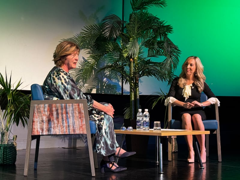 Sue Gray (left) in conversation with Caroline Feeney at St Patrick's Centre, Downpatrick, Co Down. 