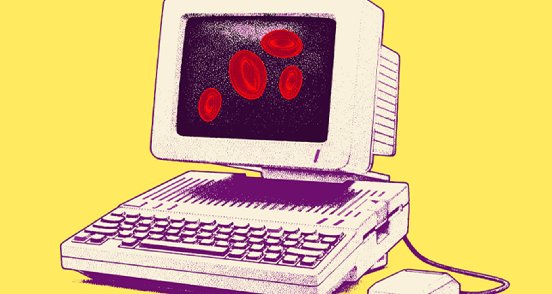 a drawing of a computer with red blood cells displayed on the screen.