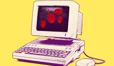 a drawing of a computer with red blood cells displayed on the screen.