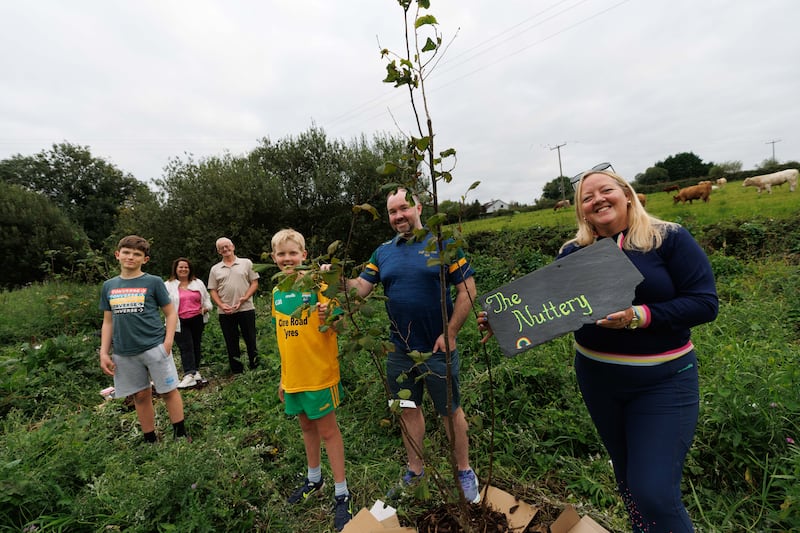 Jacob McEntee, Helen Meere, Thomas Mackey, Seán Gannon, Shane Lenihan, Green Club Officer and Roisin Ni Gháirbhith at the Inagh Nuttery where they have been planting native Irish hazel trees. Photograph: Eamon Ward