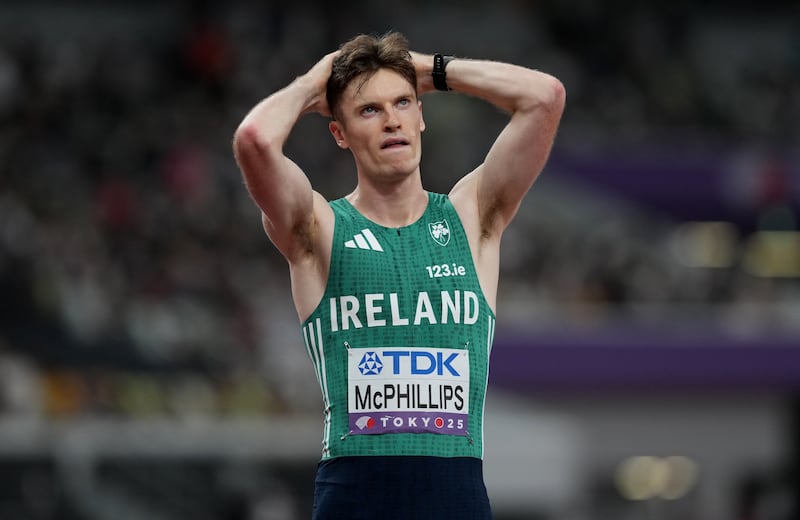 Ireland's Cian McPhillips reacts after finishing fourth in the 800m final. Photograph: Martin Rickett/PA Wire