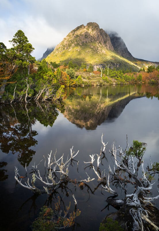 A mountain partially covered by clouds is reflected in a calm lake surrounded by green trees and white, leafless branches in the foreground, with sunlight illuminating the peak.