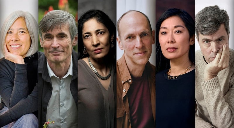 The six 2025 Booker prize shortlisted authors: Susan Choi, Andrew Miller, Kiran Desai, Ben Markovits, Katie Kitamura and David Szalay