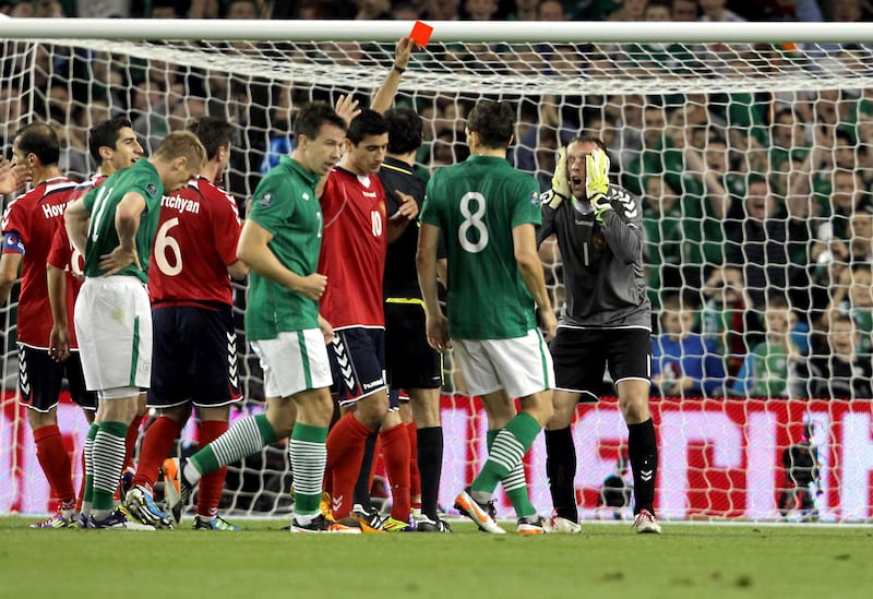 Armenia goalkeeper Roman Berezovsky is sent off in a Euro 2012 qualifier against Ireland at the Aviva Stadium. Photograph: Donall Farmer/Inpho