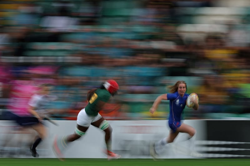 France's Pauline Bourdon Sansus runs in a try against South Africa at Franklin's Gardens, Northampton, on Sunday. Photograph: Adrian Dennis/AFP via Getty Images