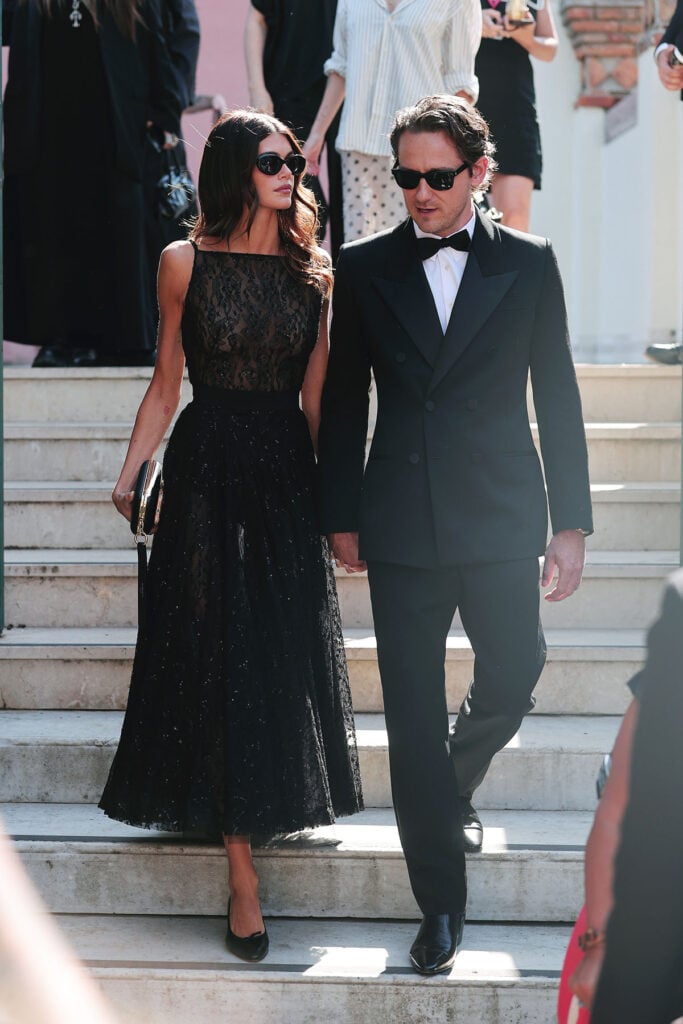 Kaia Gerber in Givenchy black lace dress Venice Film Festival with Lewis Pullman in Saint Laurent, Lewis Pullman Venice Film Festival 2025, Kaia Gerber Givenchy, Saint Laurent, The Testament Of Ann Lee