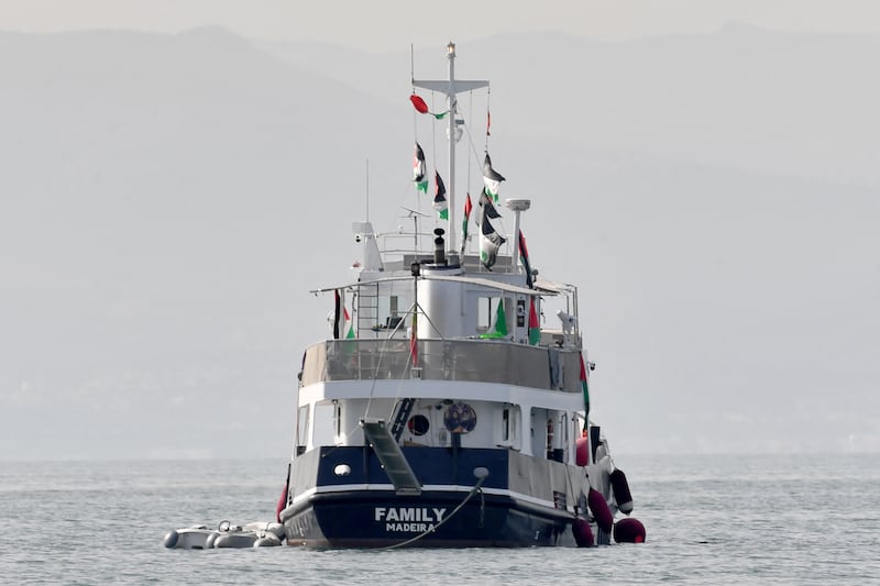 A ship, known as the 'Family' and is part of the Global Sumud Flotilla, is anchored off the coast of the village of Sidi Bou Said, Tunisia on Tuesday.  Photograph: Fethi Belaid/AFP/Getty