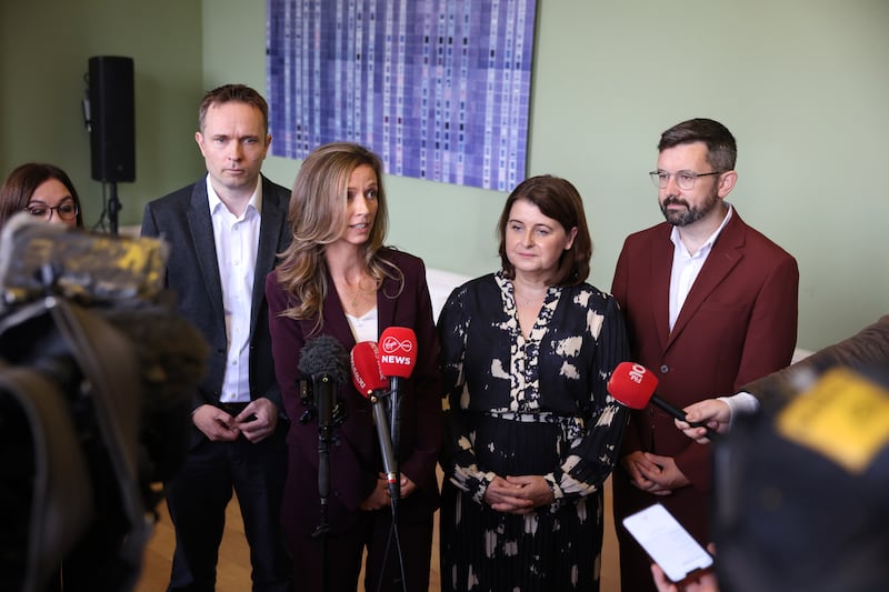 Social Democrats party leader Holly Cairns and members of the Social Democrats speak to media at their pre-Dáil think-in, at the Irish Architectural Archive, Merrion Square, Dublin. 
Photograph: Dara Mac Dónaill 











