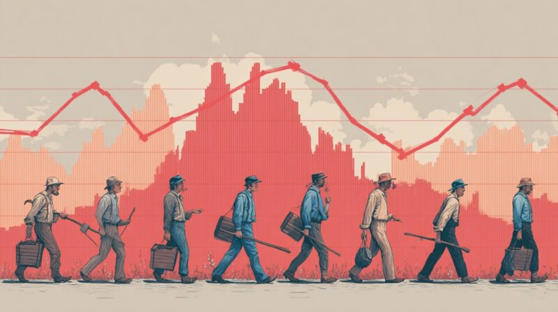 Illustration of workers carrying tools and bags, walking beneath a red financial graph, symbolizing job market volatility