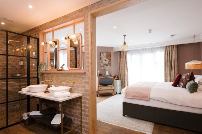 A bedroom at the Rabbit hotel, with adjoining sink and shower
