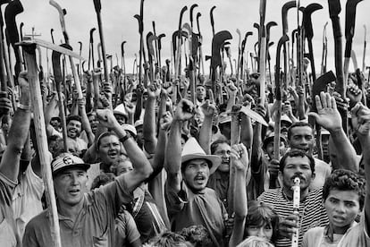 One of the snapshots Salgado used to document the Landless Workers' Movement in Brazil; in this one, peasants celebrate an official expropriation after months of occupation in the state of Sergipe in 1996.