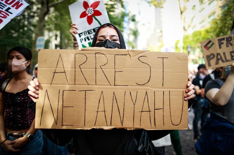 A protester in a march against Israeli prime minister Binyamin Netanyahu in New York. Photograph: Kena Betancur/AFP via Getty Images