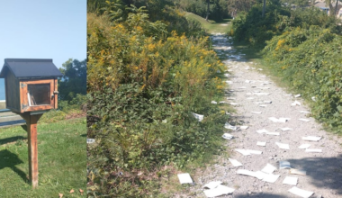 Fairport Harbor free little library books torn apart, scattered down beach path