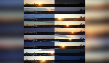 A collage of cityscape and landscape photos shows transitions from day to night, with views of a skyline under varying light conditions, from sunrise to sunset and into nighttime darkness.