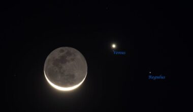 Moon, Venus and Regulus: Crescent moon with bright light nearby and another star to the lower right.