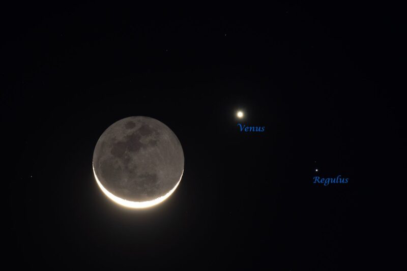 Moon, Venus and Regulus: Crescent moon with bright light nearby and another star to the lower right.
