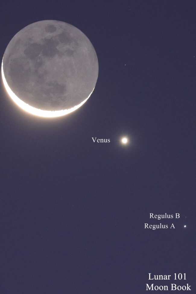 Crescent moon with Venus below and 2 dots, one much dimmer than the other, labeled Regulus A and B.