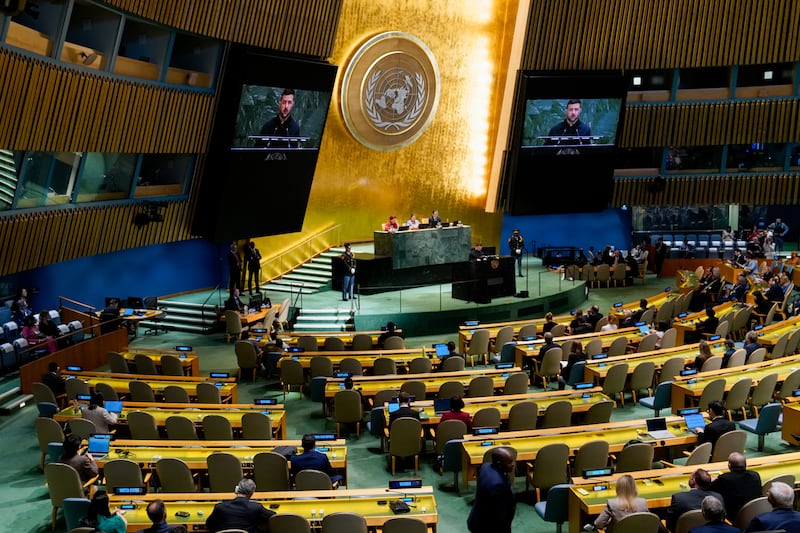 Volodymyr Zelenskiy, Ukraine's president, addresses the UN General Assembly in New York. Photograph: David Dee Delgado/Bloomberg