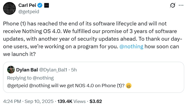 Nothing CEO Carl Pei promises a program for Nothing Phone 1 users