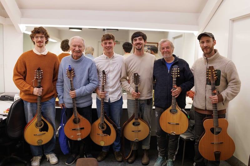 Evan Ó Cualáin, Donal Lunny, Fionn O’Hanlon, Brían Mac Gloinn, Andy Irvine and Diarmuid Mac Ghloinn at the screening of In Time. Photograph: Bríd O’Donovan