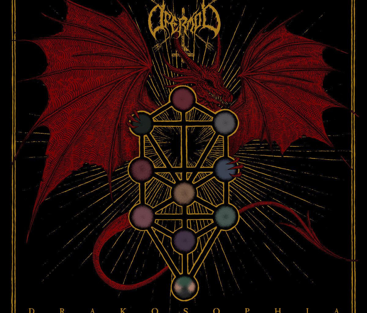 Album cover for Ofermod - Drakosophia (out September 5th from Shadow Records/Regain). The artwork depicts a red dragon with outstretched wings, glowing eyes, and a curling tail behind the Qliphothic Tree of Death, a Luciferian inversion of the Kabbalistic Tree of Life. The golden diagram consists of ten colored spheres (Qliphoth) connected by angular lines, representing anti-cosmic emanations in occult tradition. The dragon’s claws grasp at the structure while radiant golden lines burst outward on a stark black background. The band