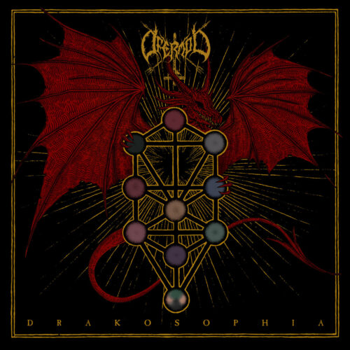 Album cover for Ofermod - Drakosophia (out September 5th from Shadow Records/Regain). The artwork depicts a red dragon with outstretched wings, glowing eyes, and a curling tail behind the Qliphothic Tree of Death, a Luciferian inversion of the Kabbalistic Tree of Life. The golden diagram consists of ten colored spheres (Qliphoth) connected by angular lines, representing anti-cosmic emanations in occult tradition. The dragon’s claws grasp at the structure while radiant golden lines burst outward on a stark black background. The band's jagged gold logo appears at the top, and the title "DRAKOSOPHIA" runs across the bottom.