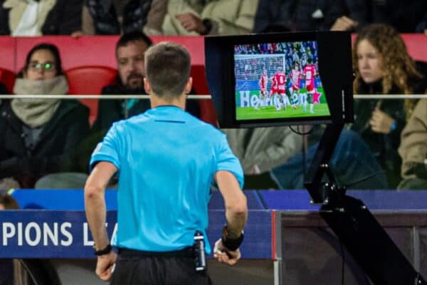 GIRONA, SPAIN - Tuesday, December 10, 2024: Referee Benoît Bastien awards Liverpool a penalty after a VAR review during the UEFA Champions League Matchday 6 game between Girona FC and Liverpool FC at the Estadi Montilivi. (Photo by David Rawcliffe/Propaganda)