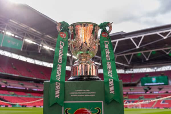 LONDON, ENGLAND - Sunday, March 16, 2025: The trophy on display before the Football League Cup Final match between Liverpool FC and Newcastle United FC at Wembley Stadium. (Photo by David Rawcliffe/Propaganda)